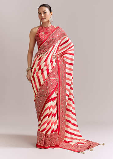 Red And Off White Silk Saree With Lehariya And Bandhani Print