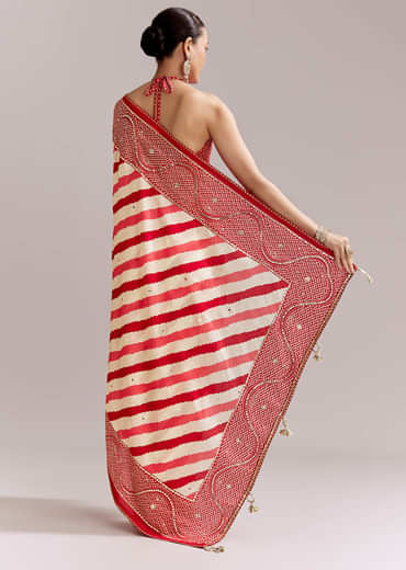 Red And Off White Silk Saree With Lehariya And Bandhani Print