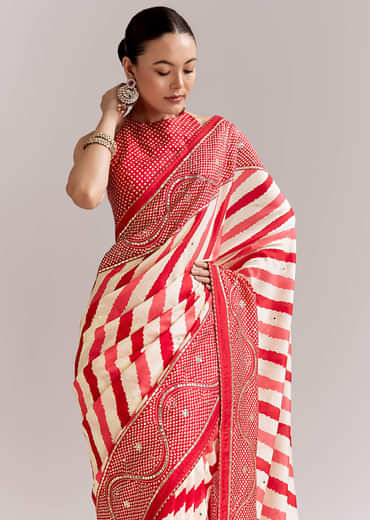 Red And Off White Silk Saree With Lehariya And Bandhani Print