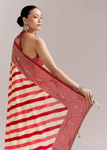 Red And Off White Silk Saree With Lehariya And Bandhani Print