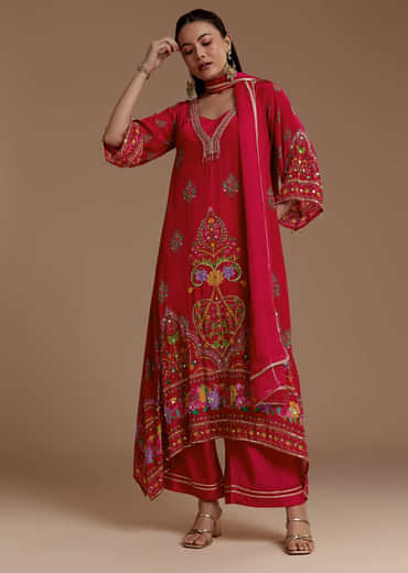 Red Asymmetric Floral Print Kurta Set