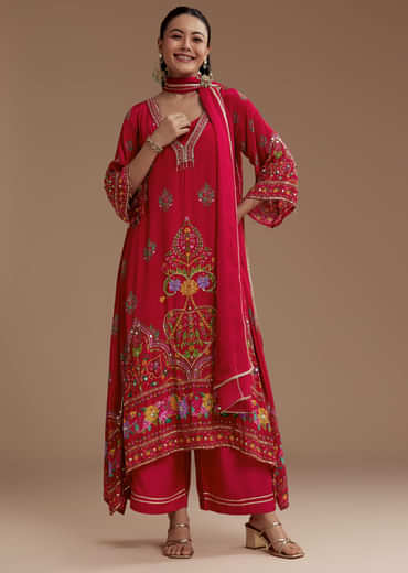 Red Asymmetric Floral Print Kurta Set