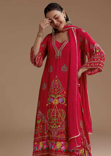 Red Asymmetric Floral Print Kurta Set