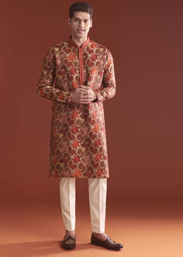 Red Banarasi Kurta Set For Men With Floral Pattern