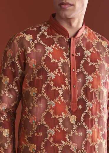 Red Banarasi Kurta Set For Men With Floral Pattern