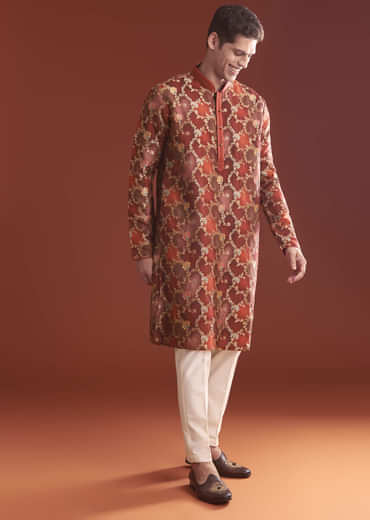 Red Banarasi Kurta Set For Men With Floral Pattern