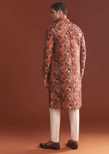 Red Banarasi Kurta Set For Men With Floral Pattern