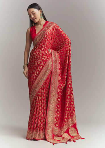 Red Banarasi Silk Embroidered Saree With Heavy Hand Embroidery