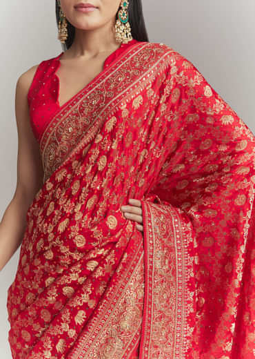 Red Banarasi Silk Embroidered Saree With Heavy Hand Embroidery