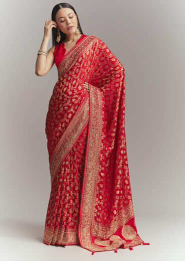 Red Banarasi Silk Embroidered Saree With Heavy Hand Embroidery
