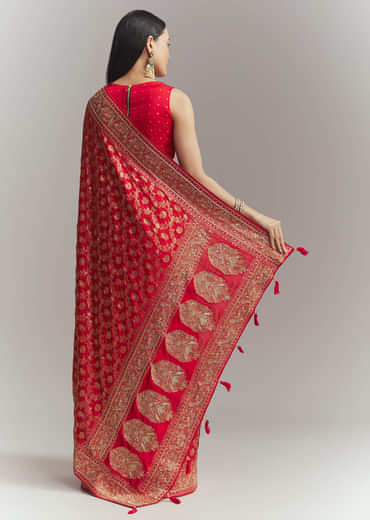 Red Banarasi Silk Embroidered Saree With Heavy Hand Embroidery