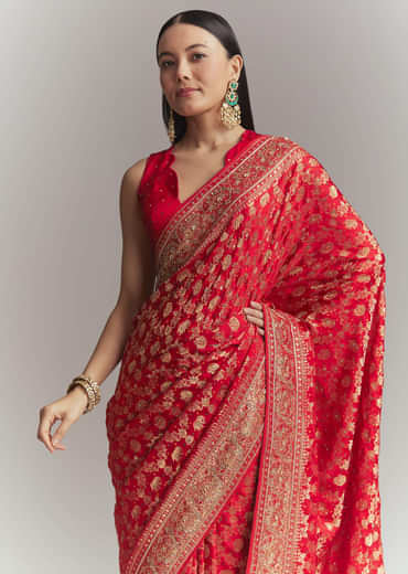 Red Banarasi Silk Embroidered Saree With Heavy Hand Embroidery