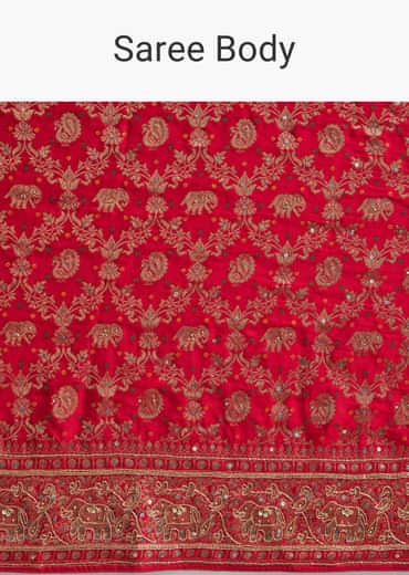 Red Banarasi Silk Embroidered Saree With Heavy Hand Embroidery