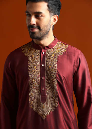 Red Banarasi Silk Kurta Set For Men With Heavy Hand Embroidery