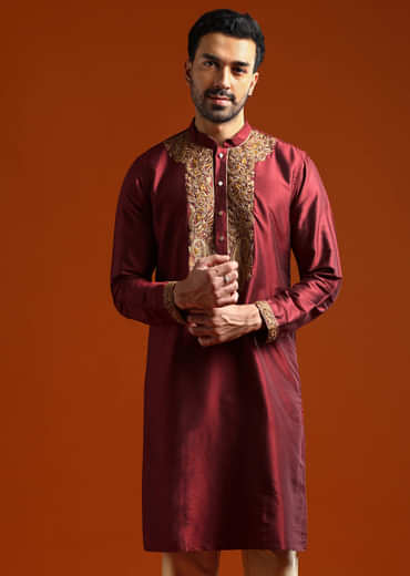 Red Banarasi Silk Kurta Set For Men With Heavy Hand Embroidery