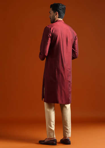 Red Banarasi Silk Kurta Set For Men With Heavy Hand Embroidery