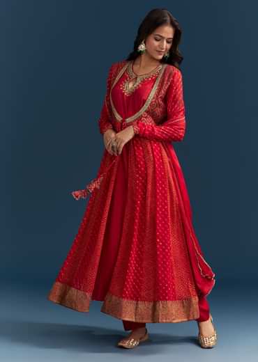 Red Bandhani And Leheriya Jacket Anarkali Suit In Georgette