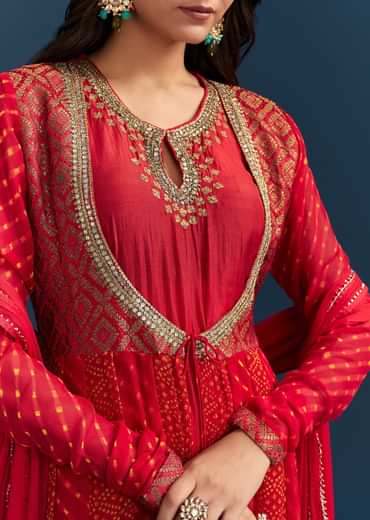 Red Bandhani And Leheriya Jacket Anarkali Suit In Georgette