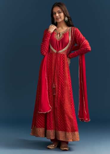 Red Bandhani And Leheriya Jacket Anarkali Suit In Georgette