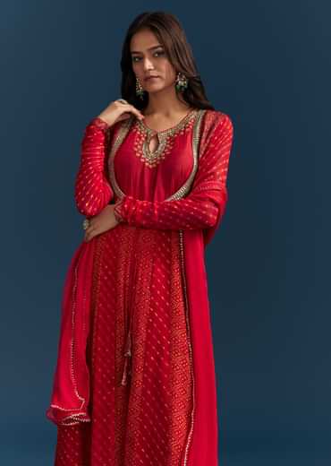 Red Bandhani And Leheriya Jacket Anarkali Suit In Georgette