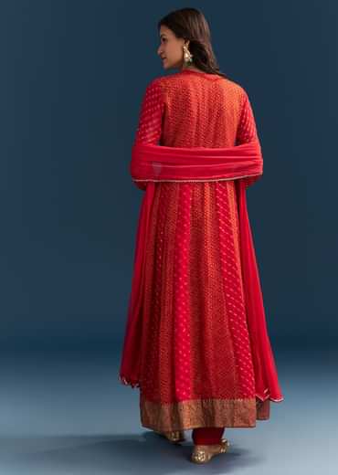 Red Bandhani And Leheriya Jacket Anarkali Suit In Georgette