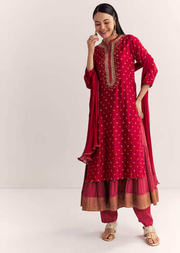 Red Bandhani Layered Silk Kurta Set With Dupatta