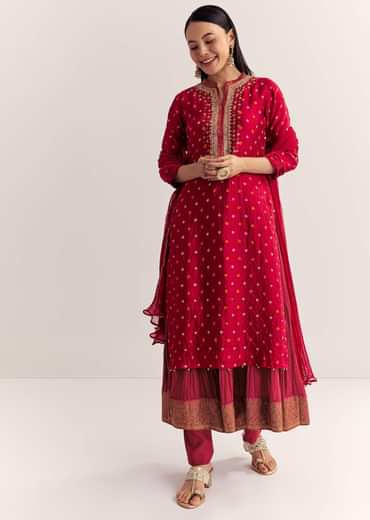 Red Bandhani Layered Silk Kurta Set With Dupatta