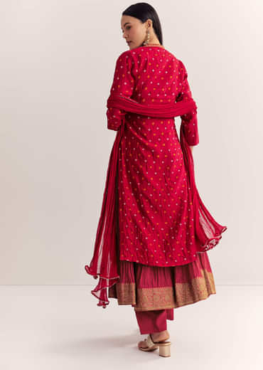 Red Bandhani Layered Silk Kurta Set With Dupatta