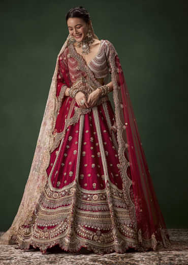 Red Bridal Raw Silk Patchwork Lehenga Set with Two Dupattas