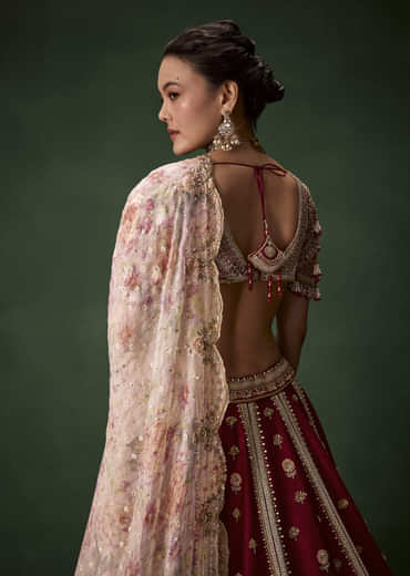 Red Bridal Raw Silk Patchwork Lehenga Set with Two Dupattas