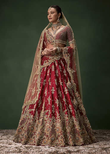 Red Bridal Sequin Silk Lehenga Set with  Two Dupattas