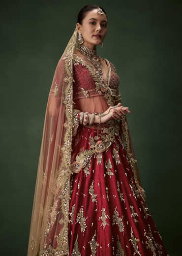 Red Bridal Sequin Silk Lehenga Set with  Two Dupattas