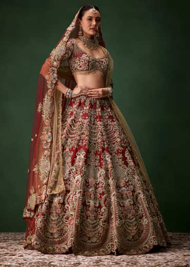 Red Bridal Sequins Silk Lehenga Set with  Two Dupattas