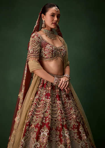 Red Bridal Sequins Silk Lehenga Set with  Two Dupattas