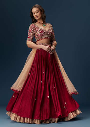 Red Bridesmaid Lehenga With Half Sleeve Embroidered Blouse And Dupatta