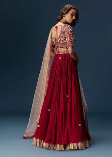Red Bridesmaid Lehenga With Half Sleeve Embroidered Blouse And Dupatta