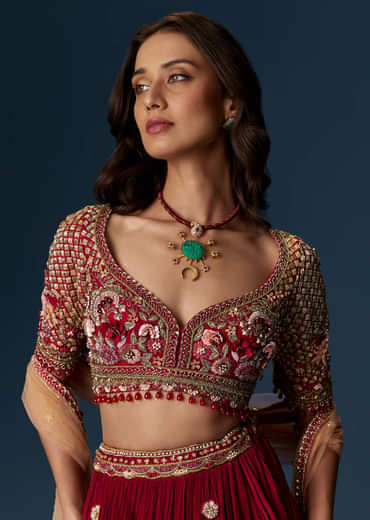 Red Bridesmaid Lehenga With Half Sleeve Embroidered Blouse And Dupatta