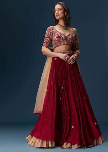 Red Bridesmaid Lehenga With Half Sleeve Embroidered Blouse And Dupatta
