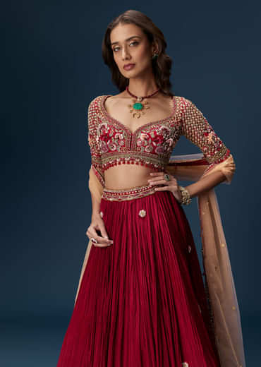 Red Bridesmaid Lehenga With Half Sleeve Embroidered Blouse And Dupatta
