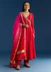 Red Chanderi Angrakha Style Kurta With Zardosi Butti Dupatta