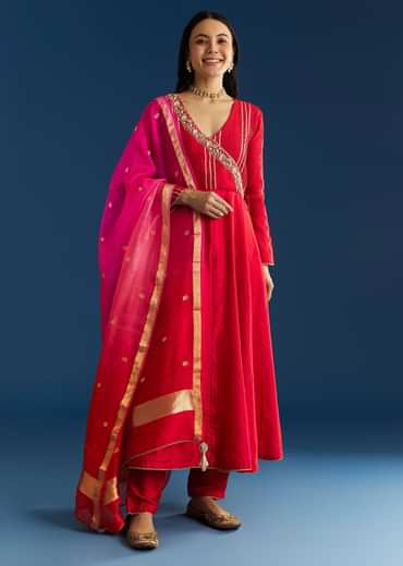 Red Chanderi Angrakha Style Kurta With Zardosi Butti Dupatta