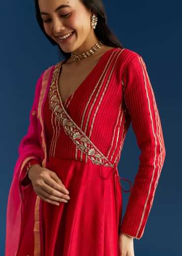 Red Chanderi Angrakha Style Kurta With Zardosi Butti Dupatta