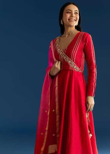 Red Chanderi Angrakha Style Kurta With Zardosi Butti Dupatta