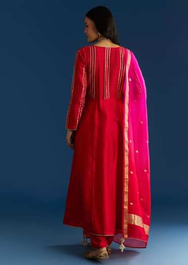 Red Chanderi Angrakha Style Kurta With Zardosi Butti Dupatta