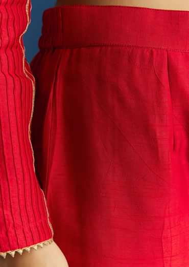 Red Chanderi Angrakha Style Kurta With Zardosi Butti Dupatta