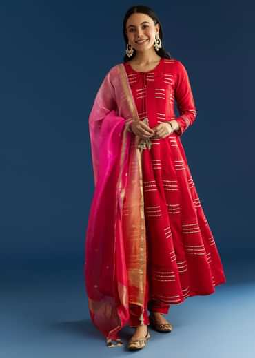 Red Chanderi Gotta Work Anarkali With Ombre Zari Butti Organza Dupatta