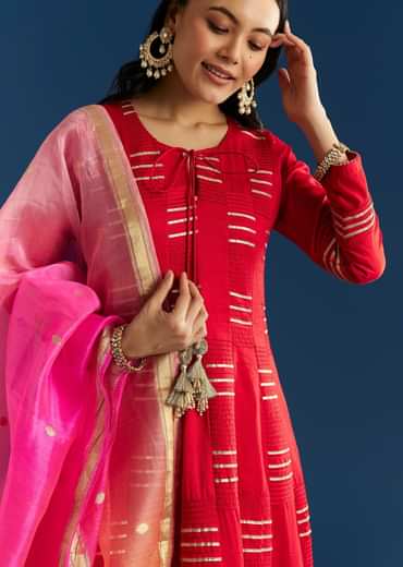 Red Chanderi Gotta Work Anarkali With Ombre Zari Butti Organza Dupatta