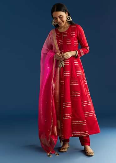 Red Chanderi Gotta Work Anarkali With Ombre Zari Butti Organza Dupatta