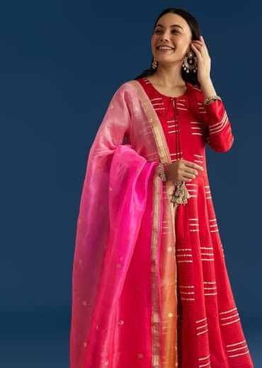 Red Chanderi Gotta Work Anarkali With Ombre Zari Butti Organza Dupatta