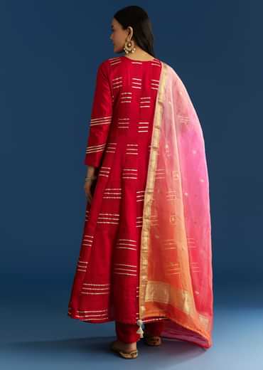 Red Chanderi Gotta Work Anarkali With Ombre Zari Butti Organza Dupatta